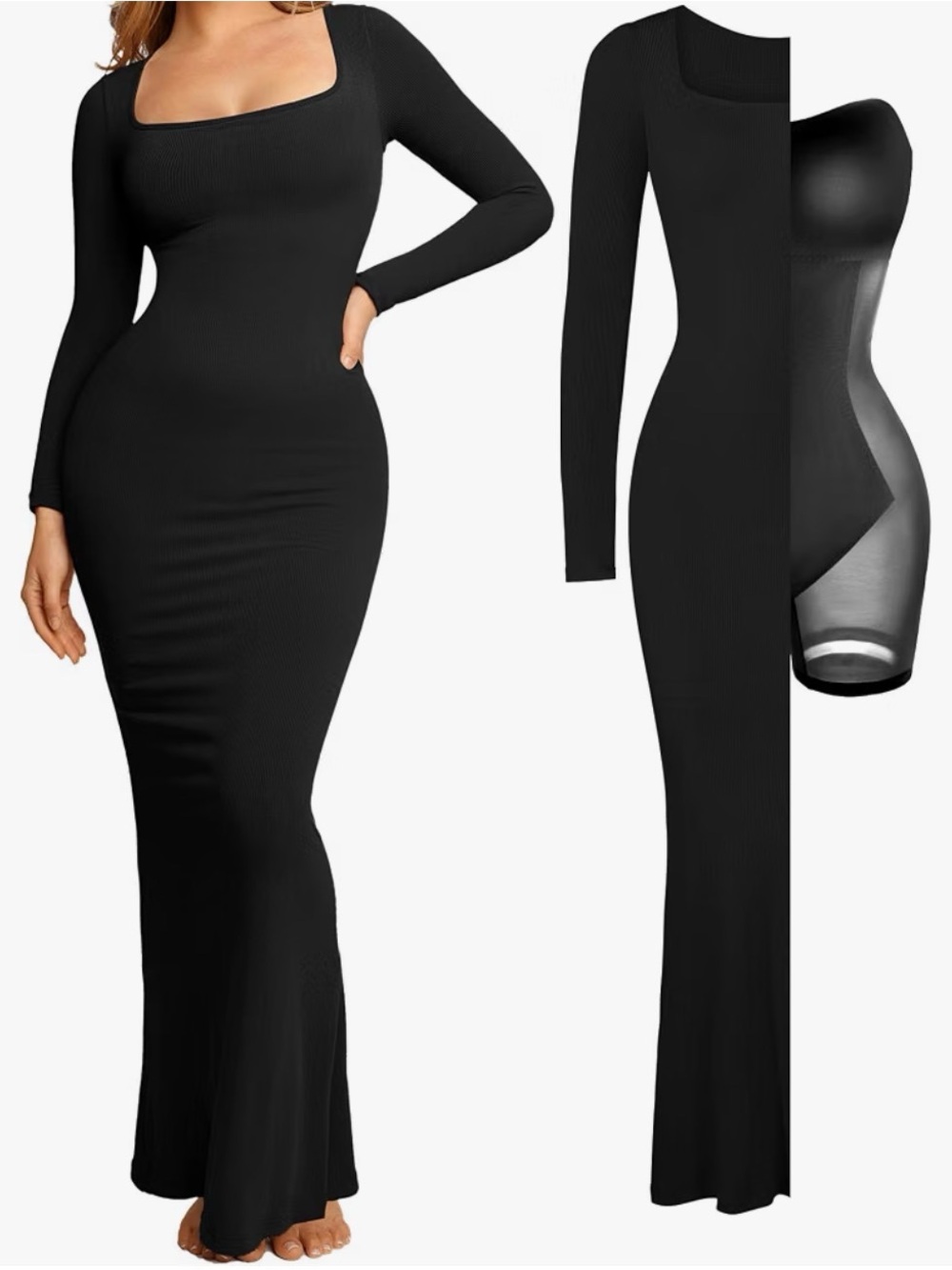 Popilush Black Long Sleeve Square Neck Built-In Shapewear Maxi Dress XL